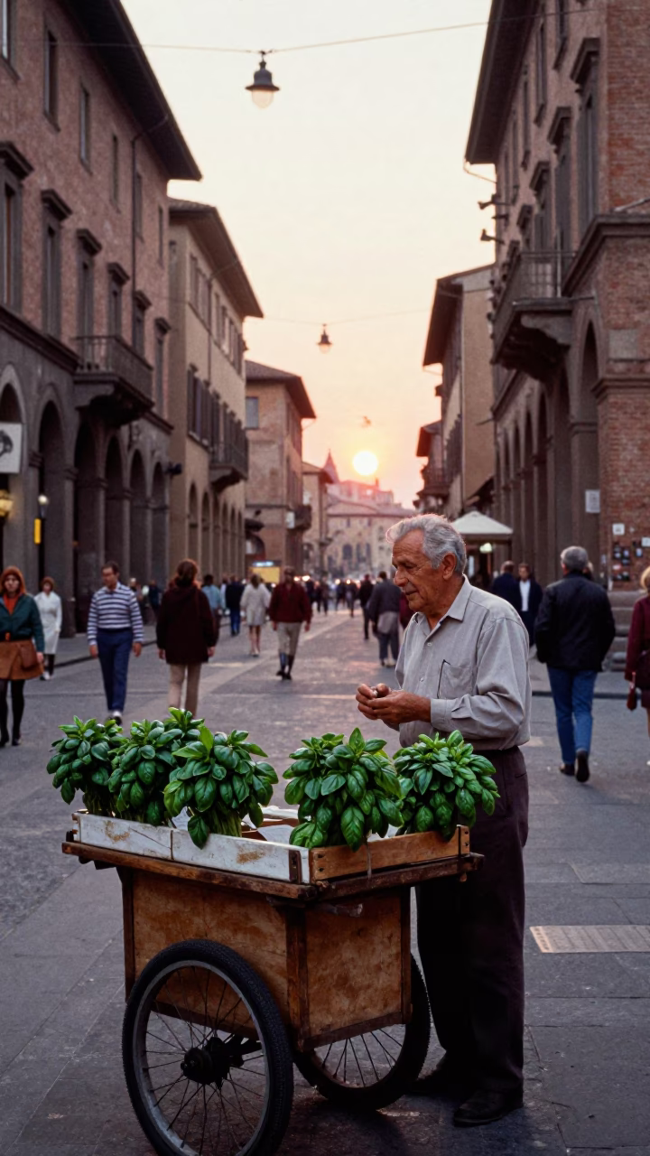 Vintage 1970s Bologna Street Scene with Herb Vendor and Evening Light in in Bologna, Italy
