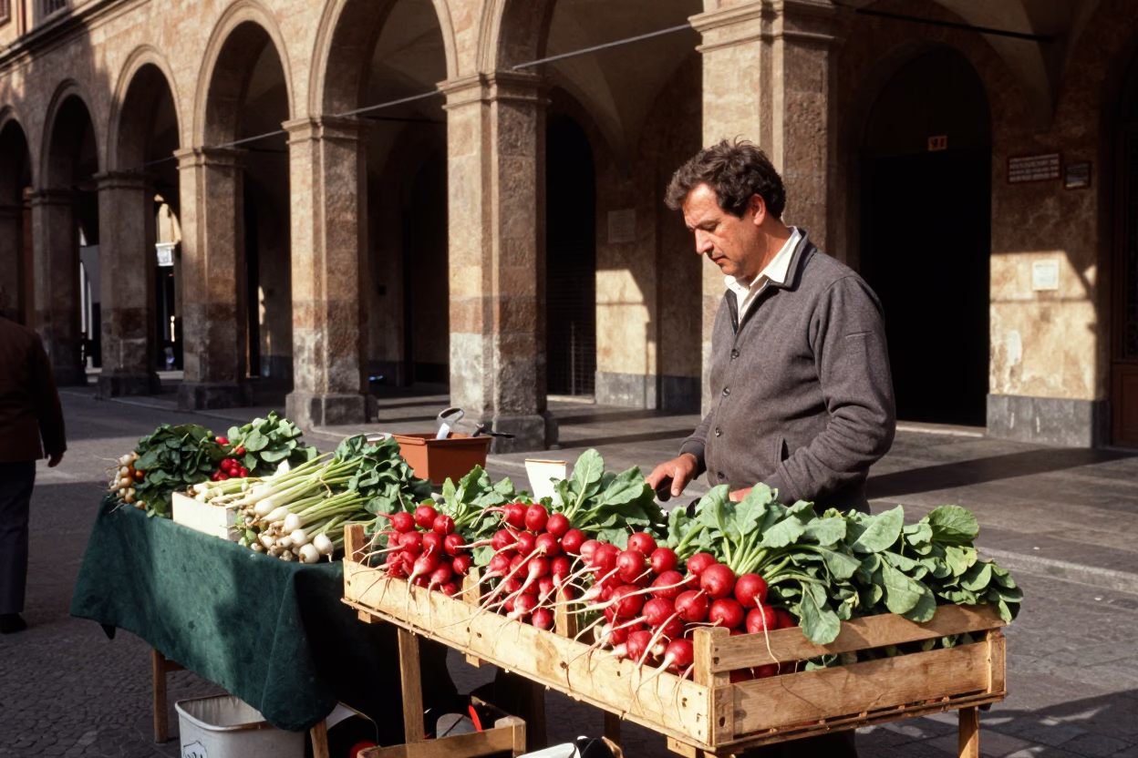 Vintage 1970s Bologna Street Scene with Radishes and Local Market Life in in Bologna, Italy