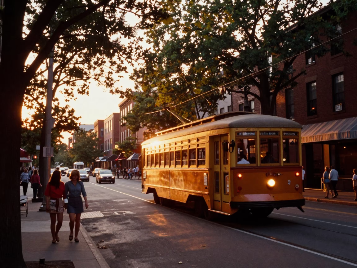 Vintage 1970s Boston Street Scene at Sunset with Old Trolley and Tree-Lined Avenue in in Boston, Massachusetts, United States
