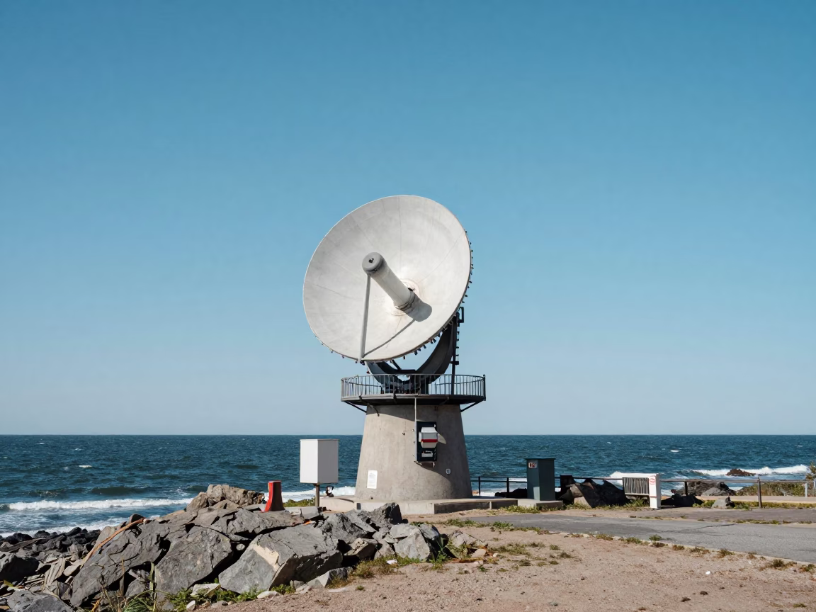 Vintage 1970s Boston Street Scene with Weather Radar Installation on Coastal Bluff in in Boston, Massachusetts, United States