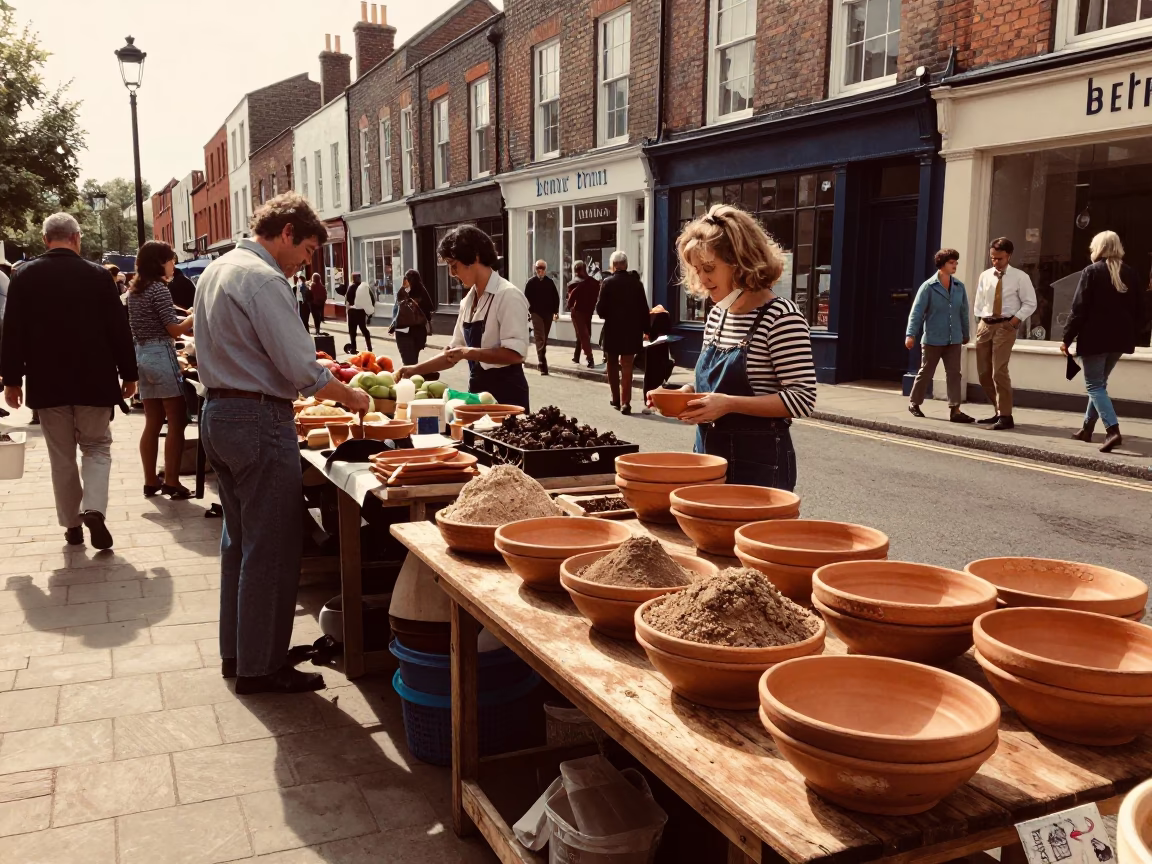 Vintage 1970s Bristol Street Scene with Terracotta Bowls and Turnips in Late Afternoon Light in in Bristol, United Kingdom