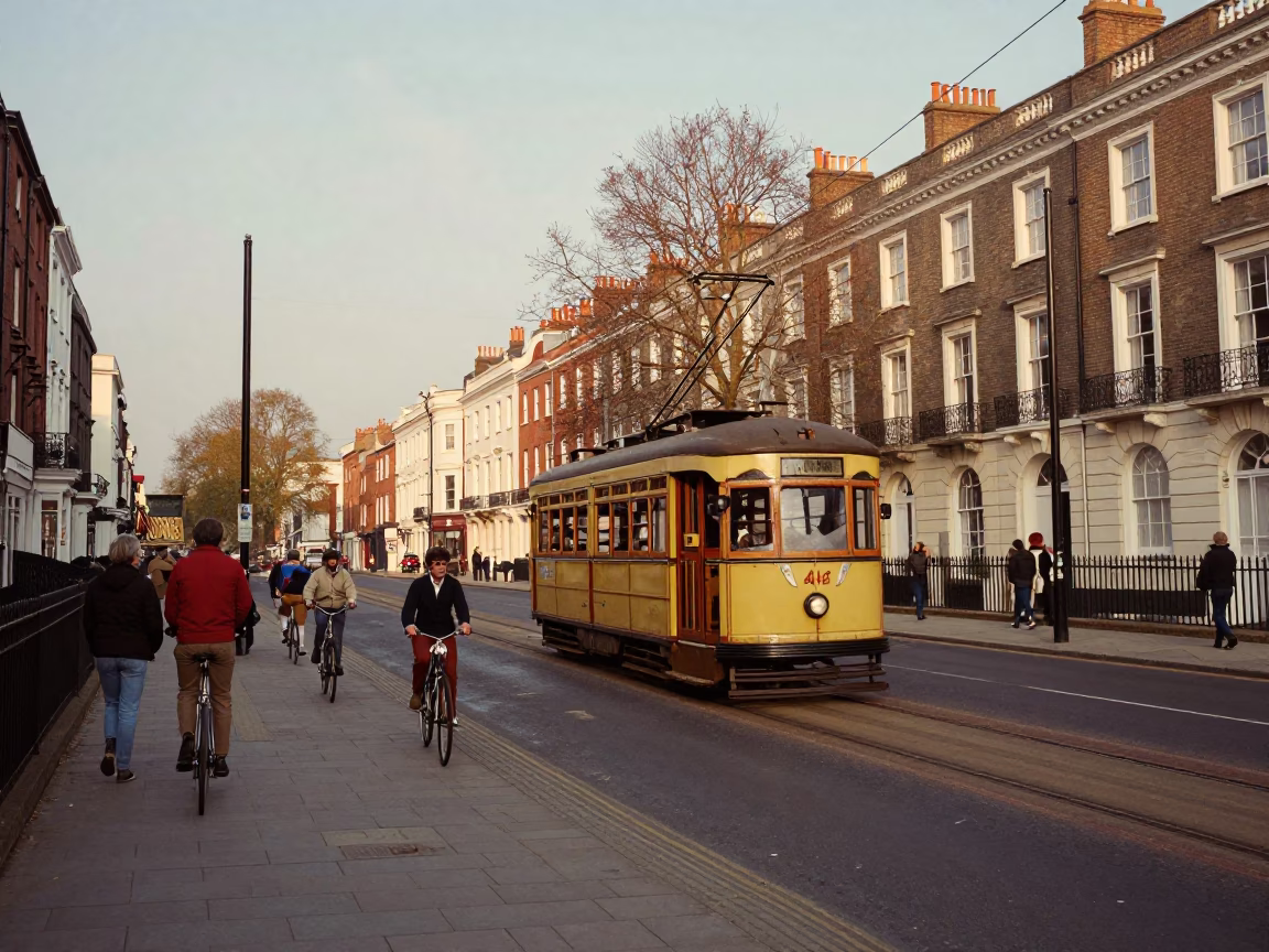 Vintage 1970s Bristol Street Scene with Tram and Cyclists on Tree-Lined Boulevard in in Bristol, United Kingdom