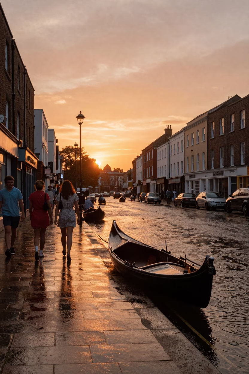 Vintage 1970s Bristol Sunset Street Scene with Coracle and Freight Train in in Bristol, United Kingdom