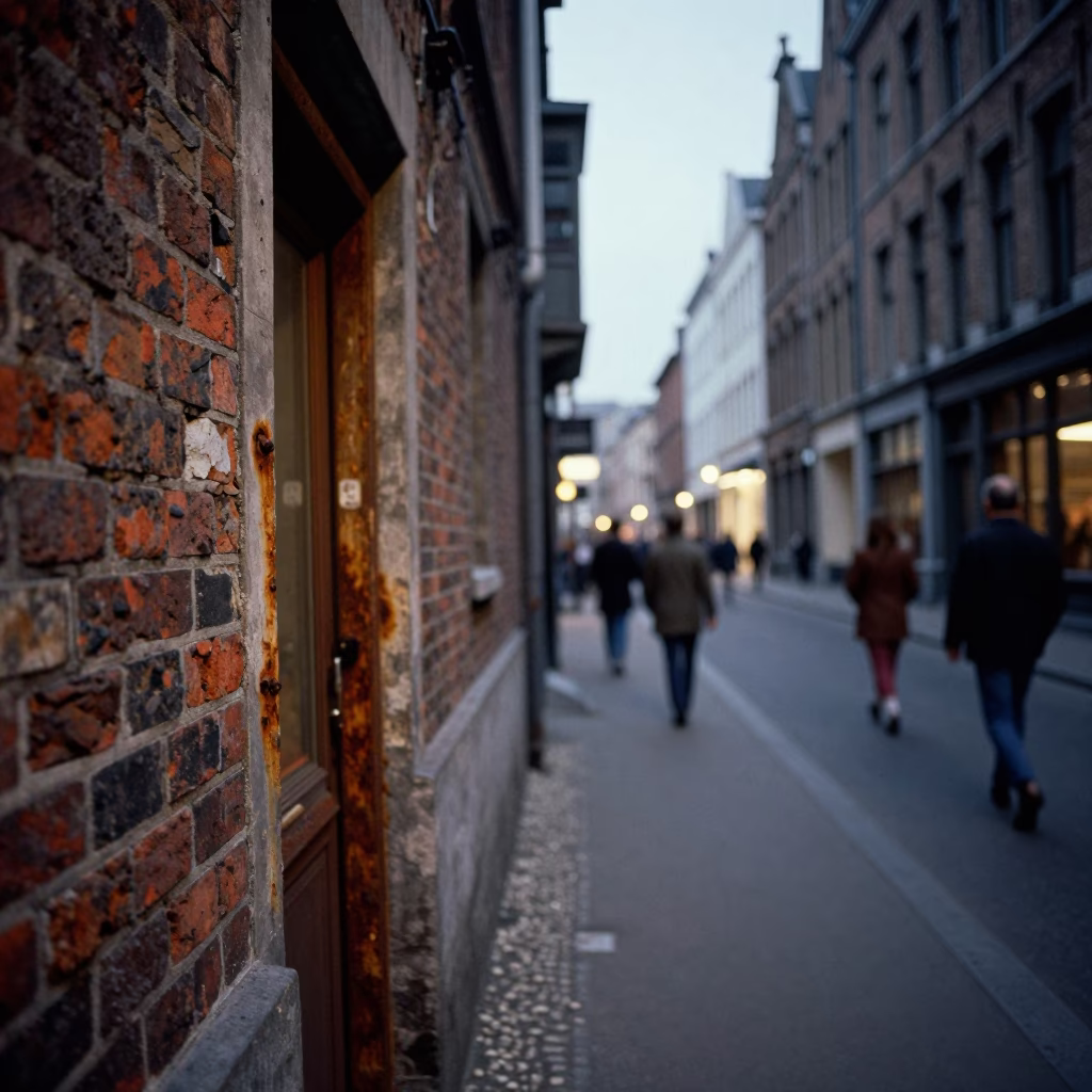 Vintage 1970s Brussels Evening Street Scene with Rusty Doorframe and Enamel Pitcher in in Brussels, Belgium