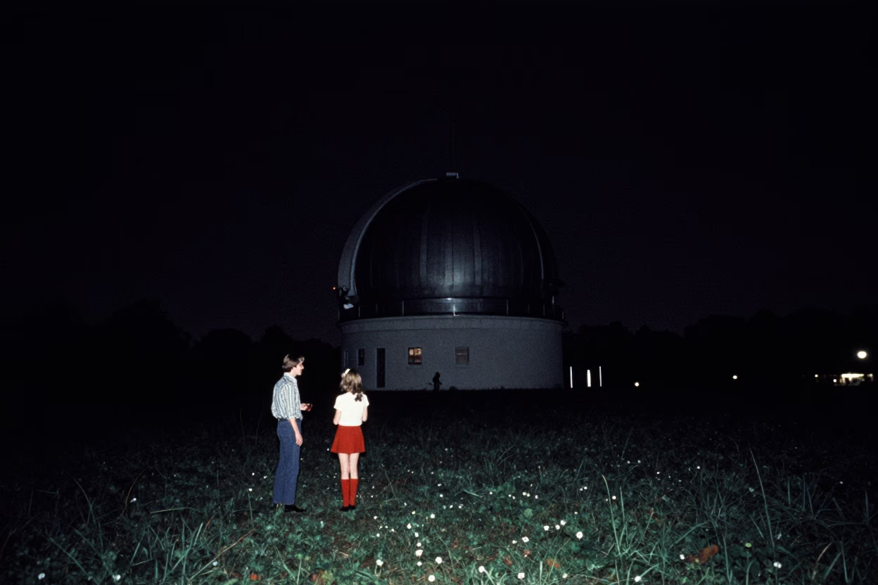 Vintage 1970s Brussels Night Scene with Observatory Dome and Starry Sky in in Brussels, Belgium