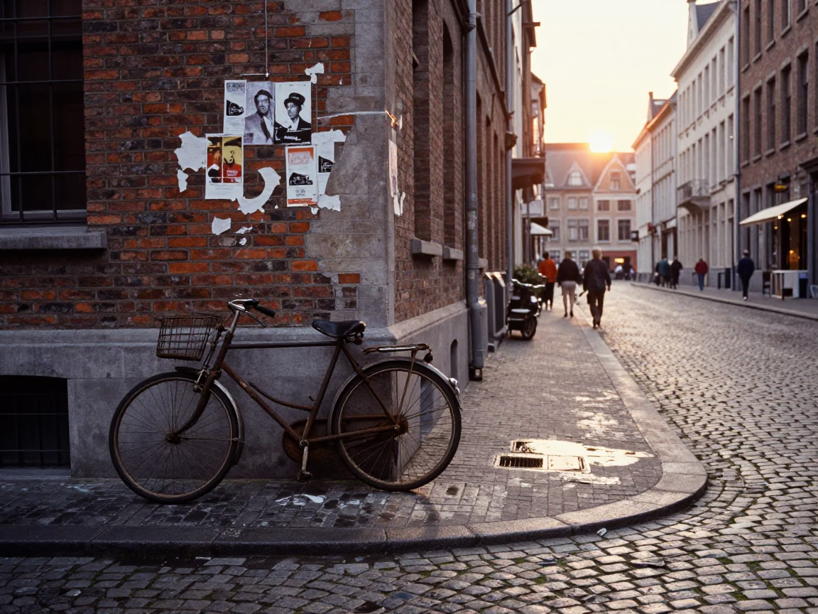 Vintage 1970s Brussels Street Scene with Bicycle and Cobblestone Architecture at Sunset in in Brussels, Belgium
