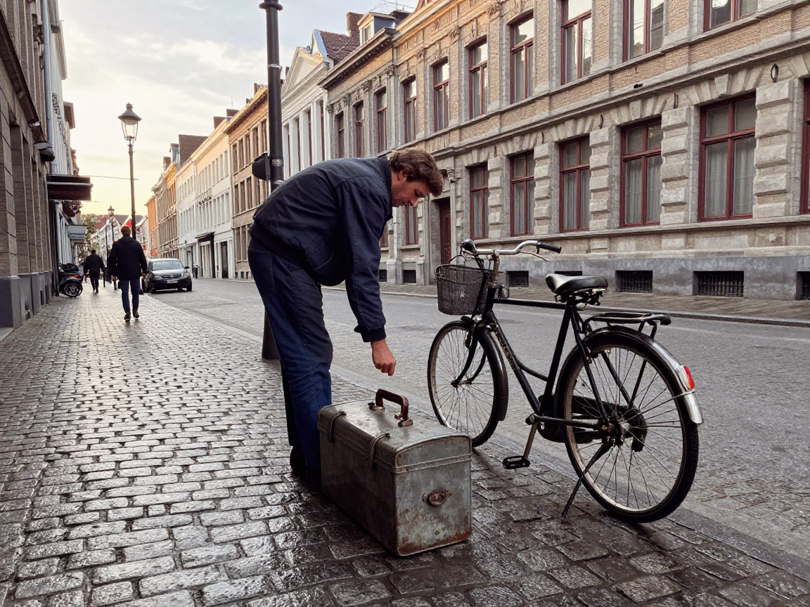 Vintage 1970s Brussels Street Scene with Toolbox and Early Evening Light in in Brussels, Belgium