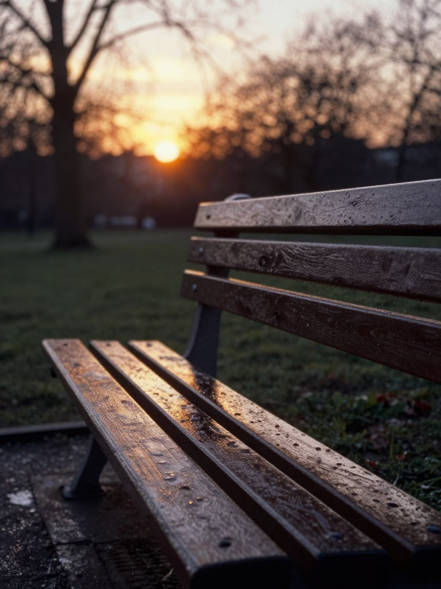 Vintage 1970s Brussels Sunset Scene with Condensation on Bench and Goblet in in Brussels, Belgium