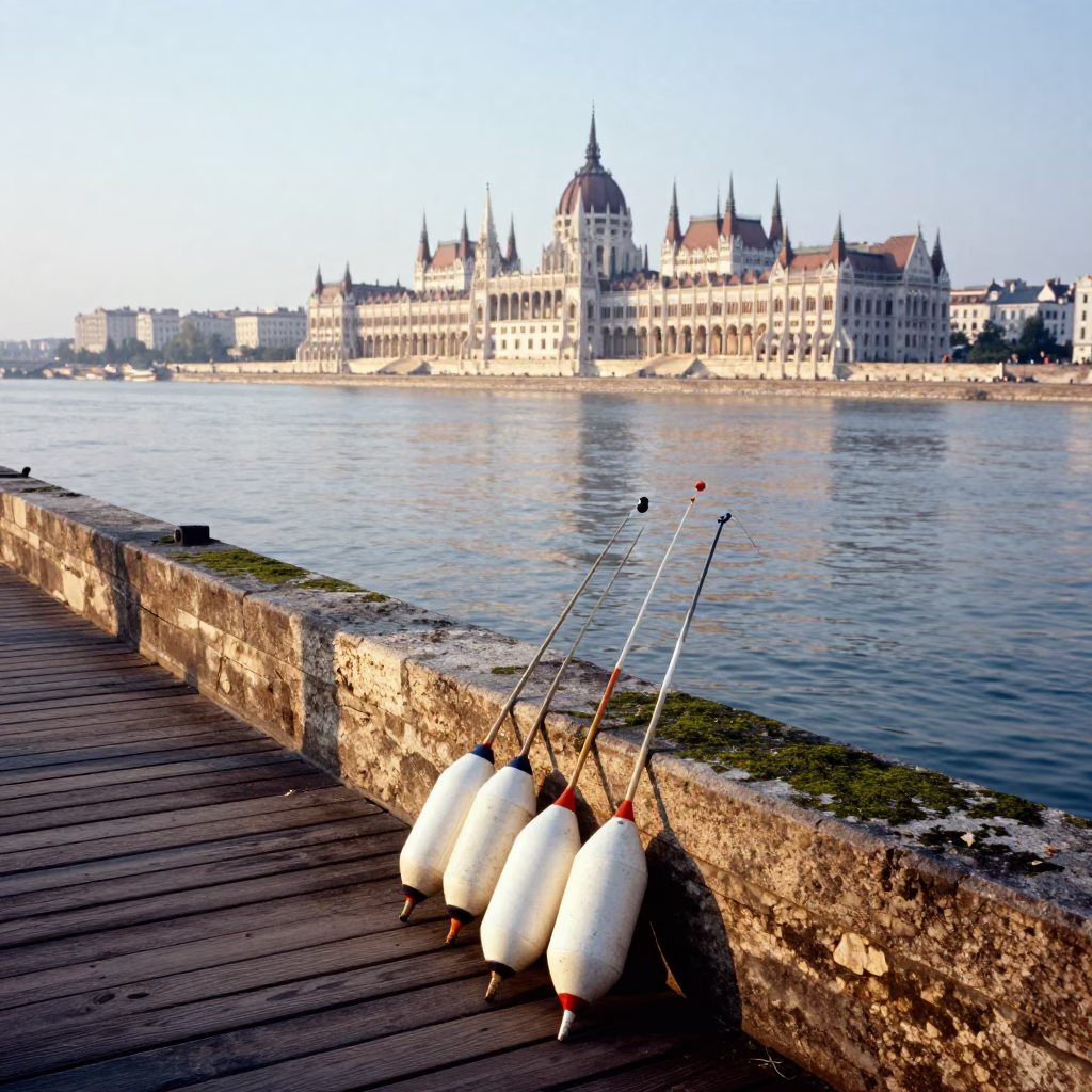 Vintage 1970s Budapest Morning Scene with Fishing Floats on Danube Riverbank in in Budapest, Hungary