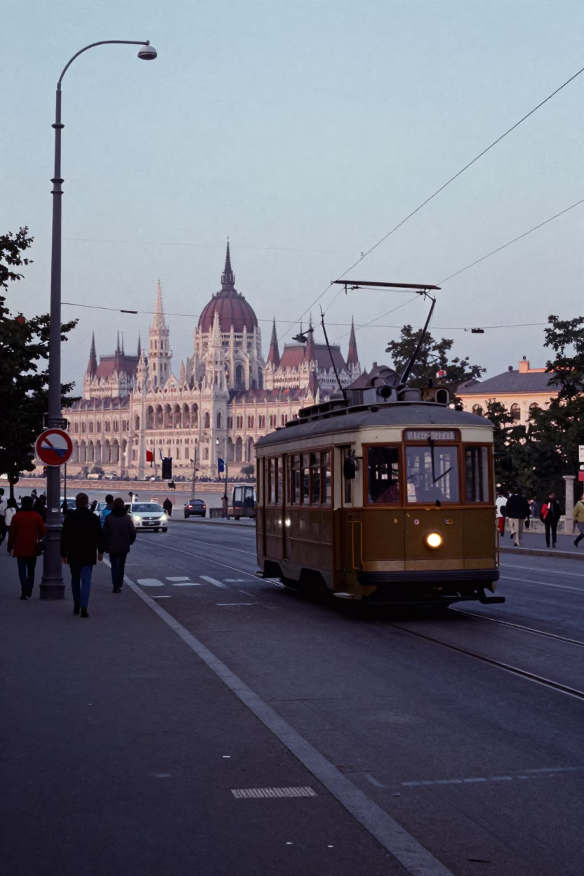Vintage 1970s Budapest Street Scene at Nautical Dawn with Funicular Railway in in Budapest, Hungary
