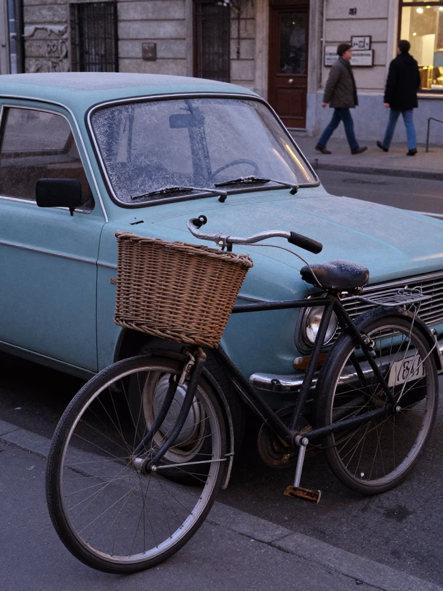 Vintage 1970s Budapest Street Scene at Twilight with Bicycle and Frosty Window in in Budapest, Hungary