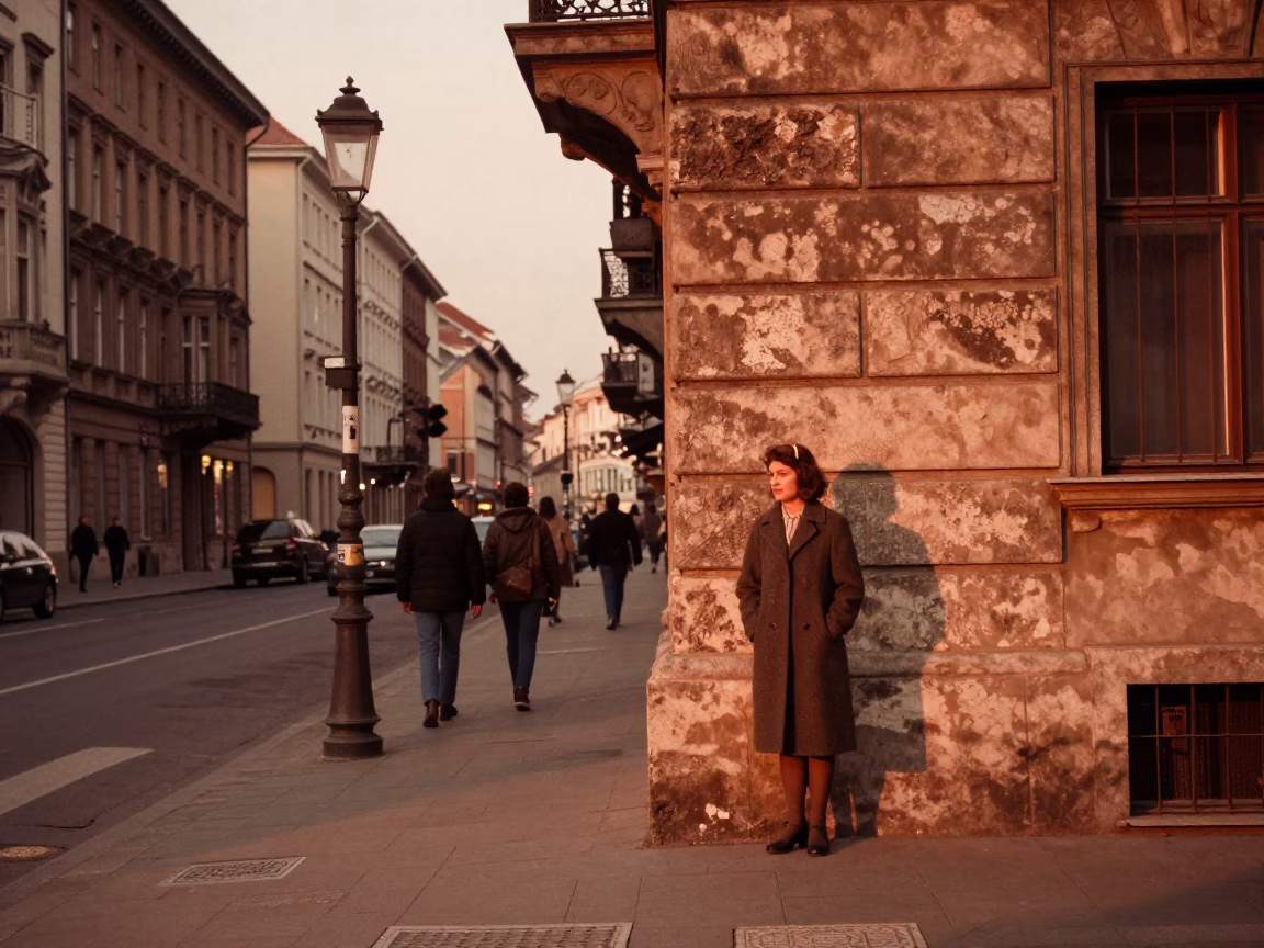 Vintage 1970s Budapest Street Scene in Copper Dusk Light with Dried Flowers in in Budapest, Hungary