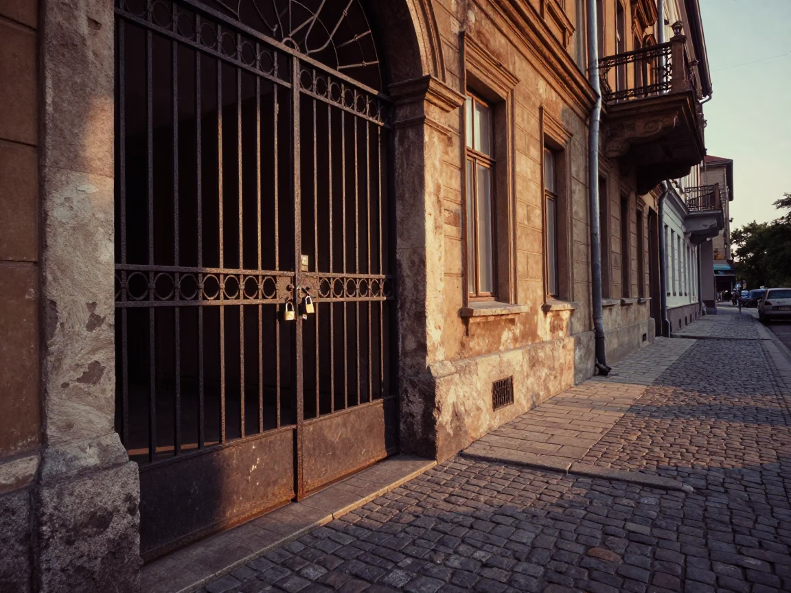 Vintage 1970s Budapest Street Scene with Padlock on Historic Iron Gate in in Budapest, Hungary