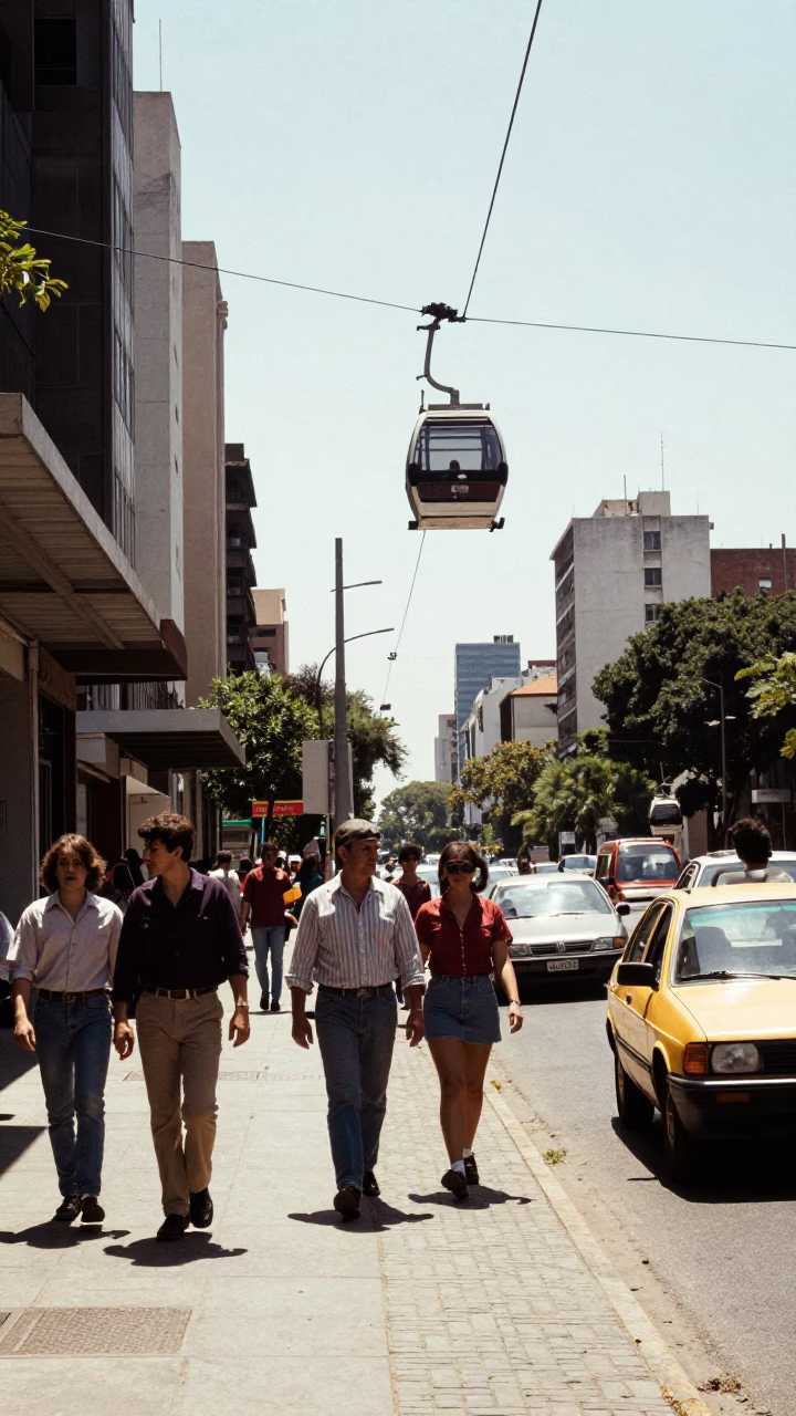 Vintage 1970s Buenos Aires Street Scene with Aerial Tramway Gondola and Morning Light in in Buenos Aires, Argentina