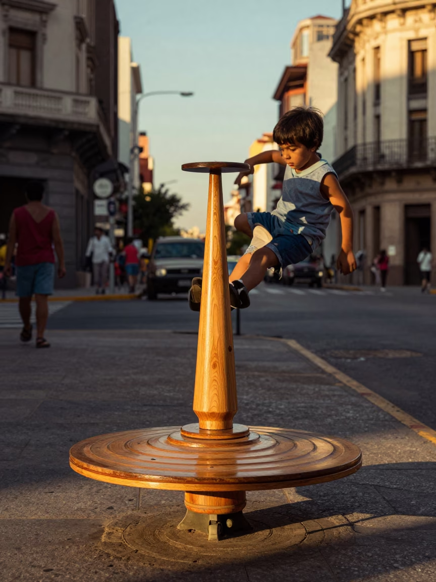Vintage 1970s Buenos Aires Street Scene with Spinning Top and Hibiscus Flower in in Buenos Aires, Argentina