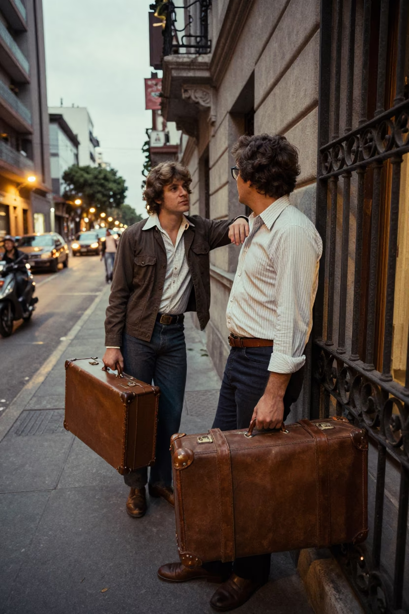 Vintage 1970s Buenos Aires street scene with suitcases and city lights in in Buenos Aires, Argentina