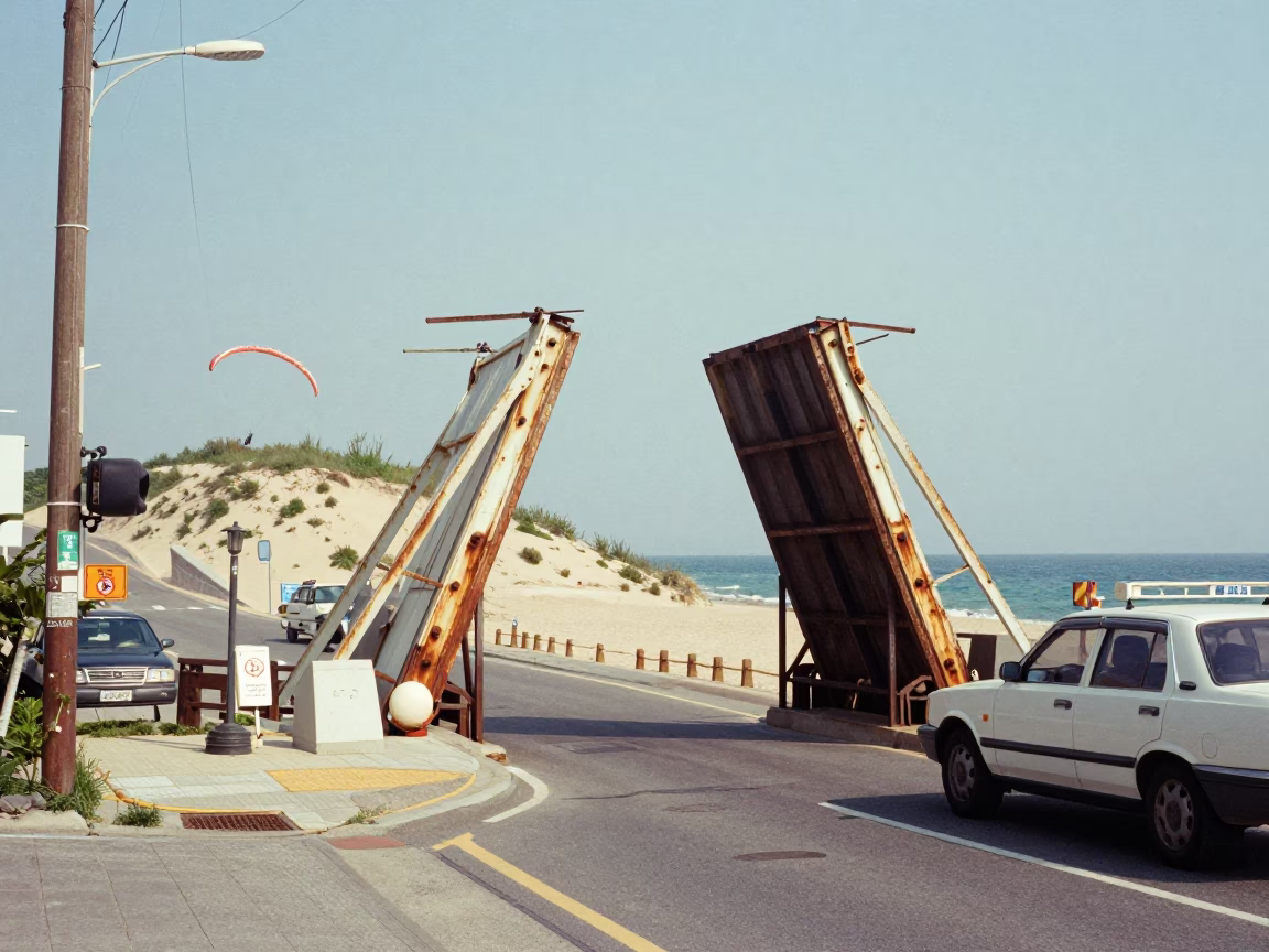 Vintage 1970s Busan Street Scene with Rusted Drawbridge and Coastal Dunes in in Busan, South Korea