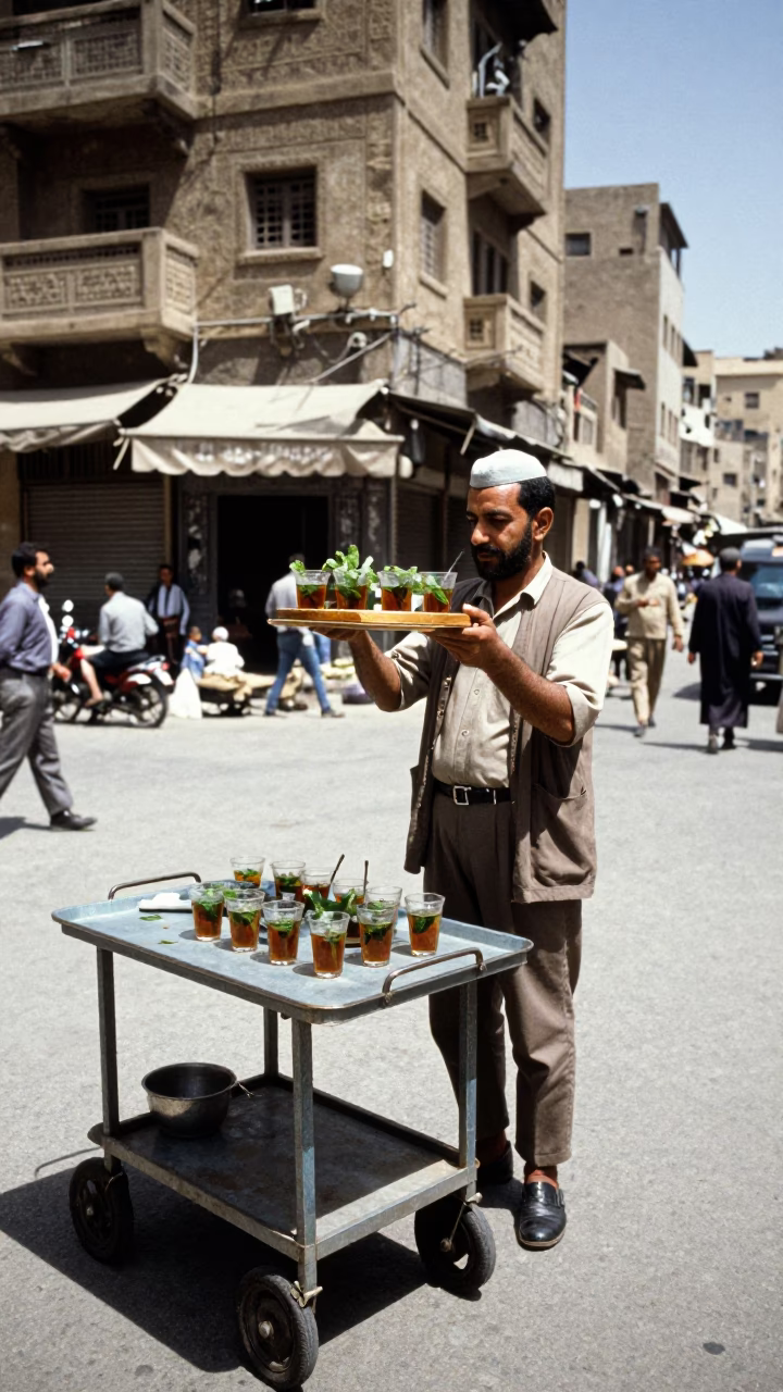 Vintage 1970s Cairo Street Scene with Tea Tray and Local Interaction in in Cairo, Egypt