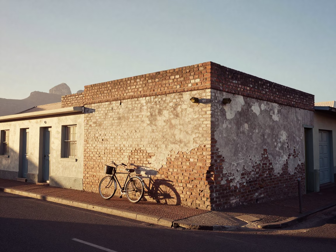 Vintage 1970s Cape Town Dawn Street Scene with Bicycle and Cafe in in Cape Town, South Africa