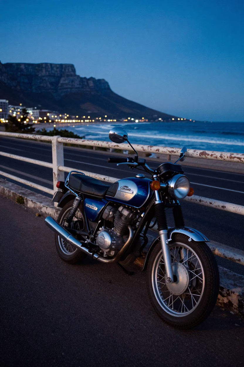 Vintage 1970s Cape Town Street Scene Indigo Twilight Motorcycle Coastal Highway in in Cape Town, South Africa