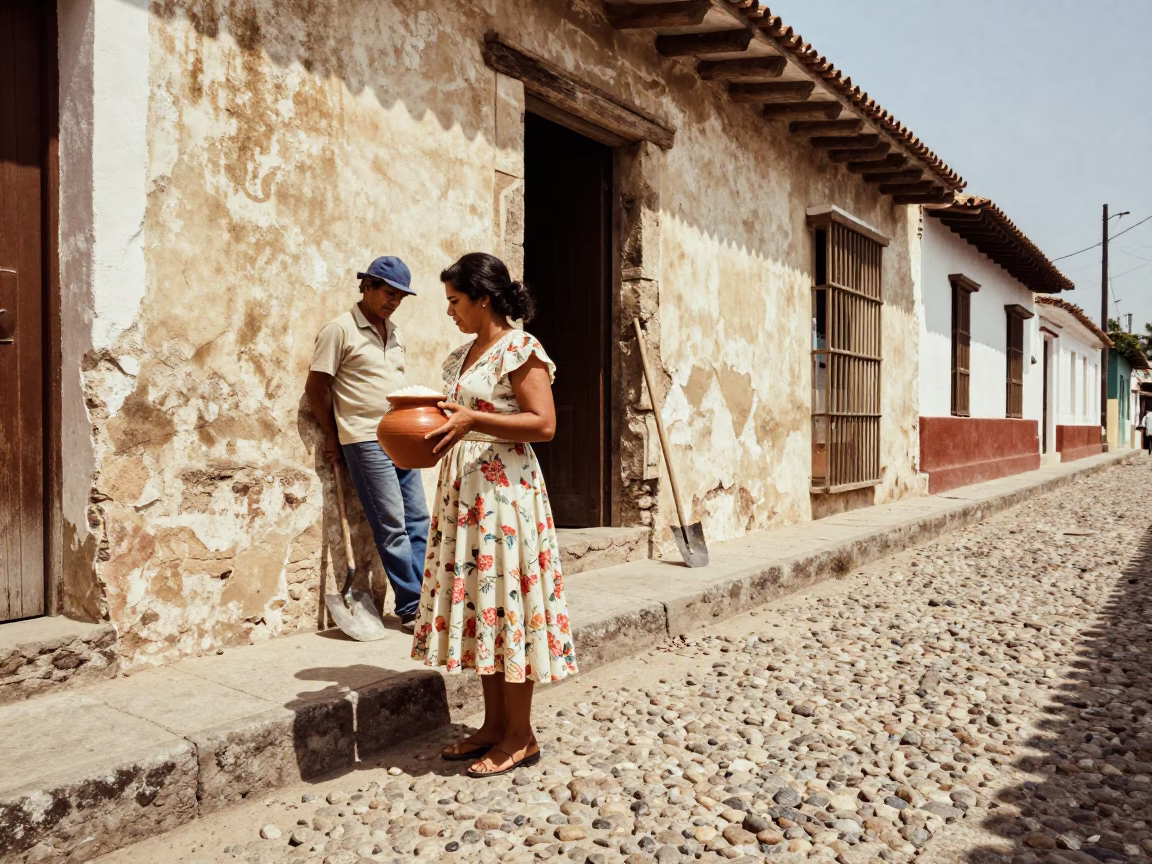 Vintage 1970s Cartagena Street Scene with Clay Pot and Trowel in Bright Midmorning Light in in Cartagena, Colombia