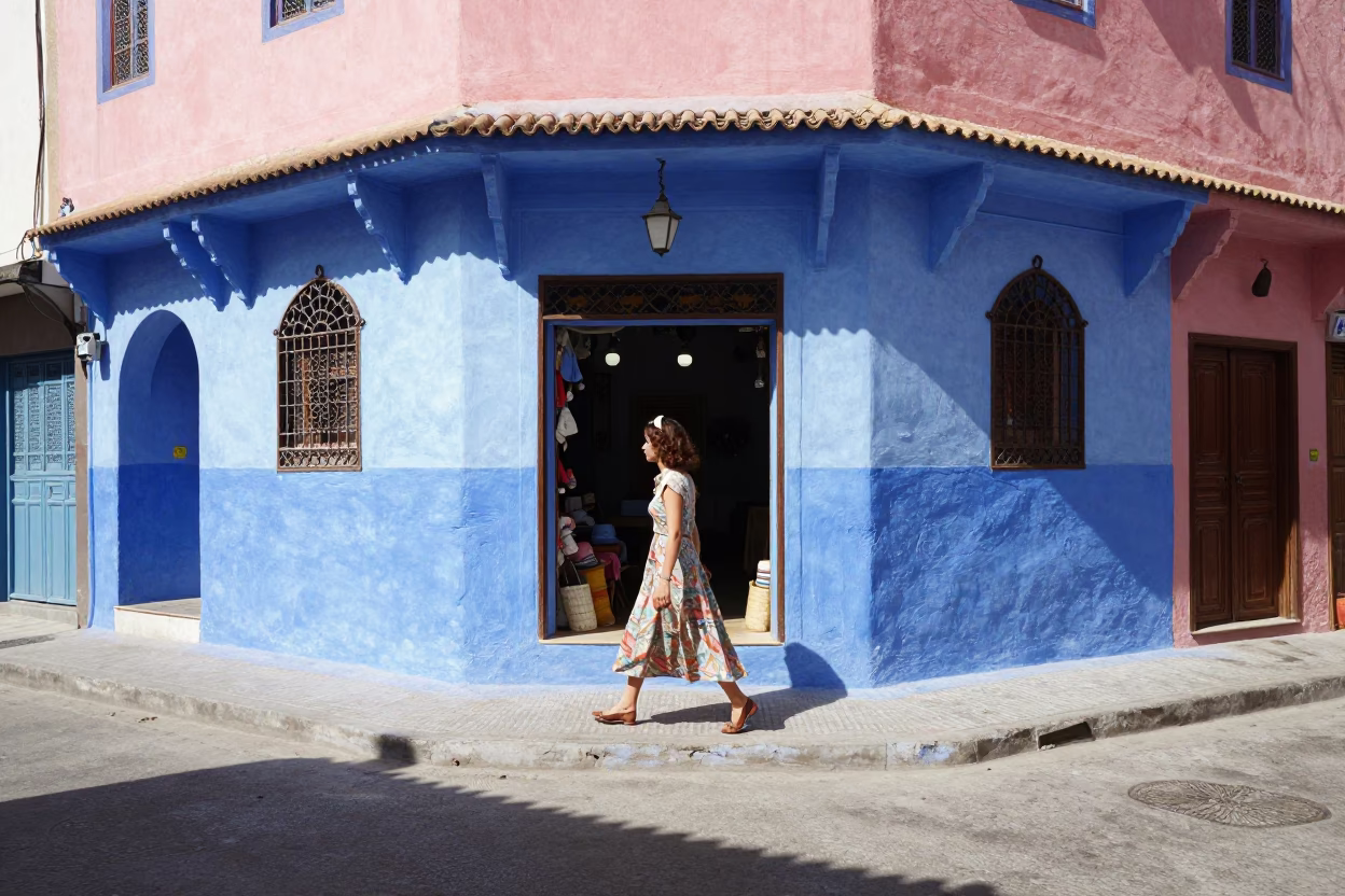 Vintage 1970s Casablanca Street Scene with Blue and Pink Hydrangeas and Wool Scarves in in Casablanca, Morocco
