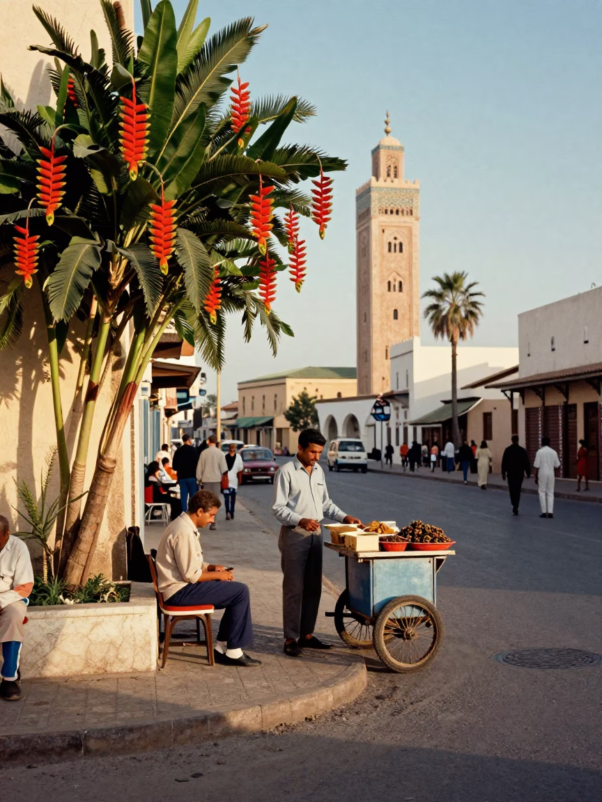 Vintage 1970s Casablanca Street Scene with Colorful Heliconia Flowers and Local Market Activity in in Casablanca, Morocco