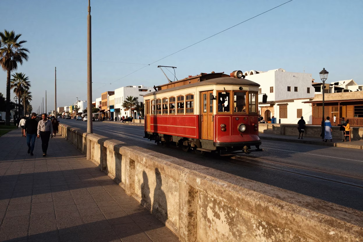 Vintage 1970s Casablanca Street Scene with Heritage Tram and Coastal Promenade in in Casablanca, Morocco