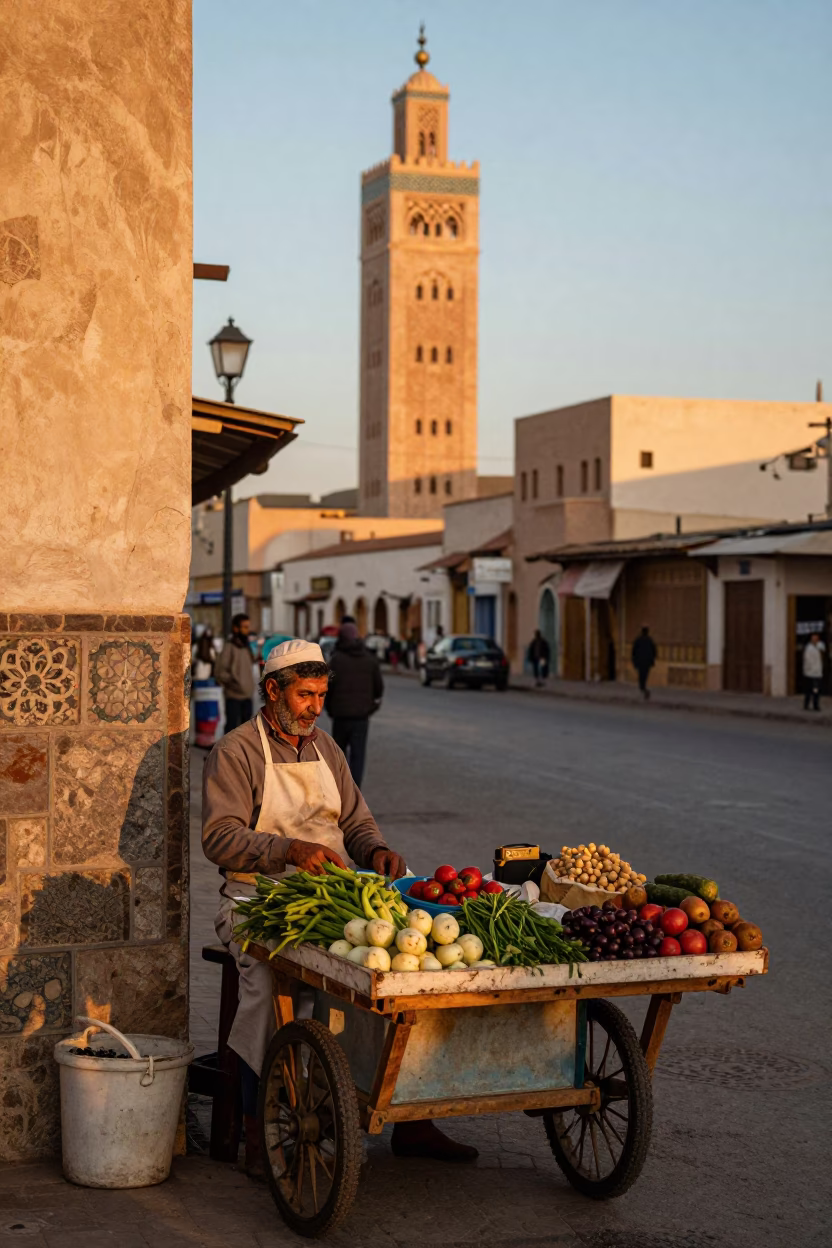 Vintage 1970s Casablanca Street Scene with Local Vendor and Scarf at Sunset in in Casablanca, Morocco