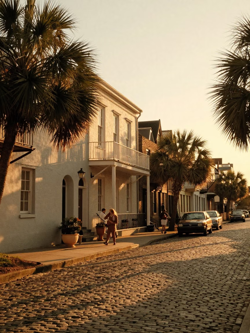 Vintage 1970s Charleston Evening Light on Historic Battery Street with Brick Architecture in in Charleston, South Carolina, United States