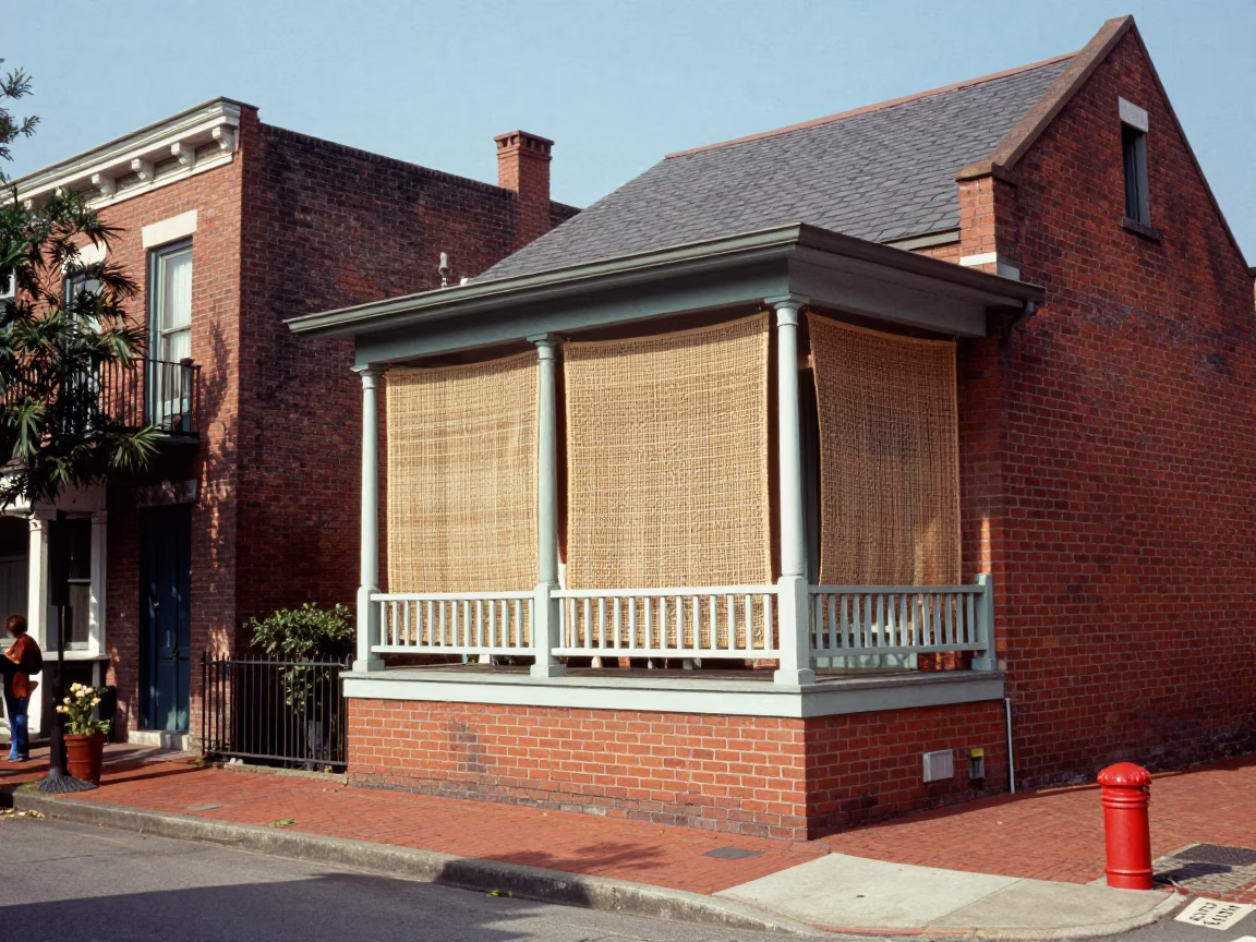 Vintage 1970s Charleston Street Scene with Red Brick Architecture and Sunlight Through Woven Cane in in Charleston, South Carolina, United States