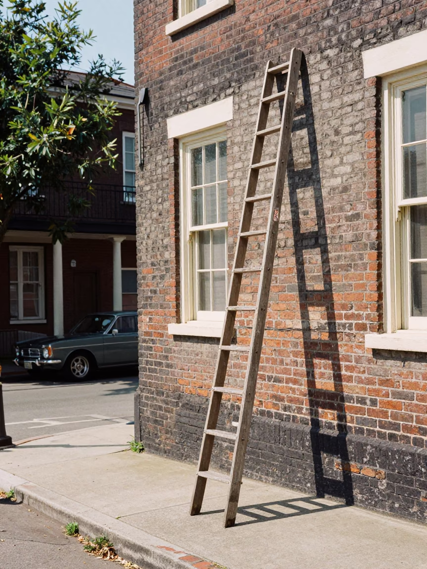 Vintage 1970s Charleston Street Scene with Wooden Ladder and Historic Architecture in in Charleston, South Carolina, United States