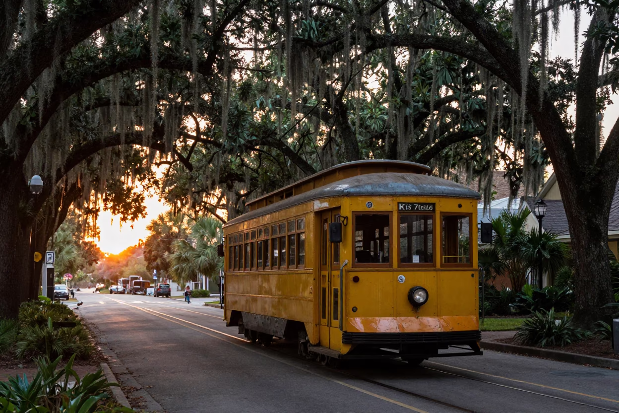 Vintage 1970s Charleston Trolley on Tree-Lined Avenue at Sunset in in Charleston, South Carolina, United States