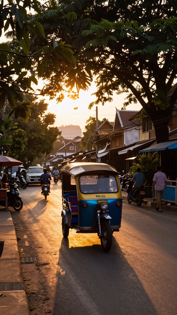 Vintage 1970s Chiang Mai Street Scene at Sunset with Traditional Market Activity in in Chiang Mai, Thailand