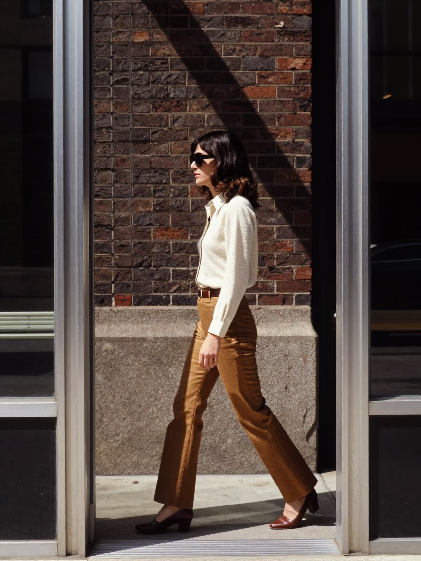 Vintage 1970s Chicago Street Style with Brushed Steel Doorframe and Midday Sunlight in in Chicago, Illinois, United States