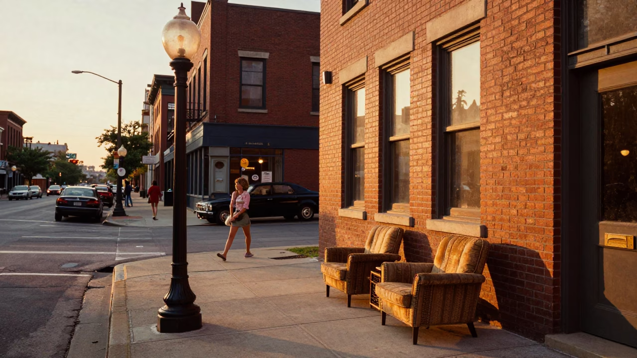 Vintage 1970s Chicago Sunset Street Scene with Lantern and Armchairs in in Chicago, Illinois, United States