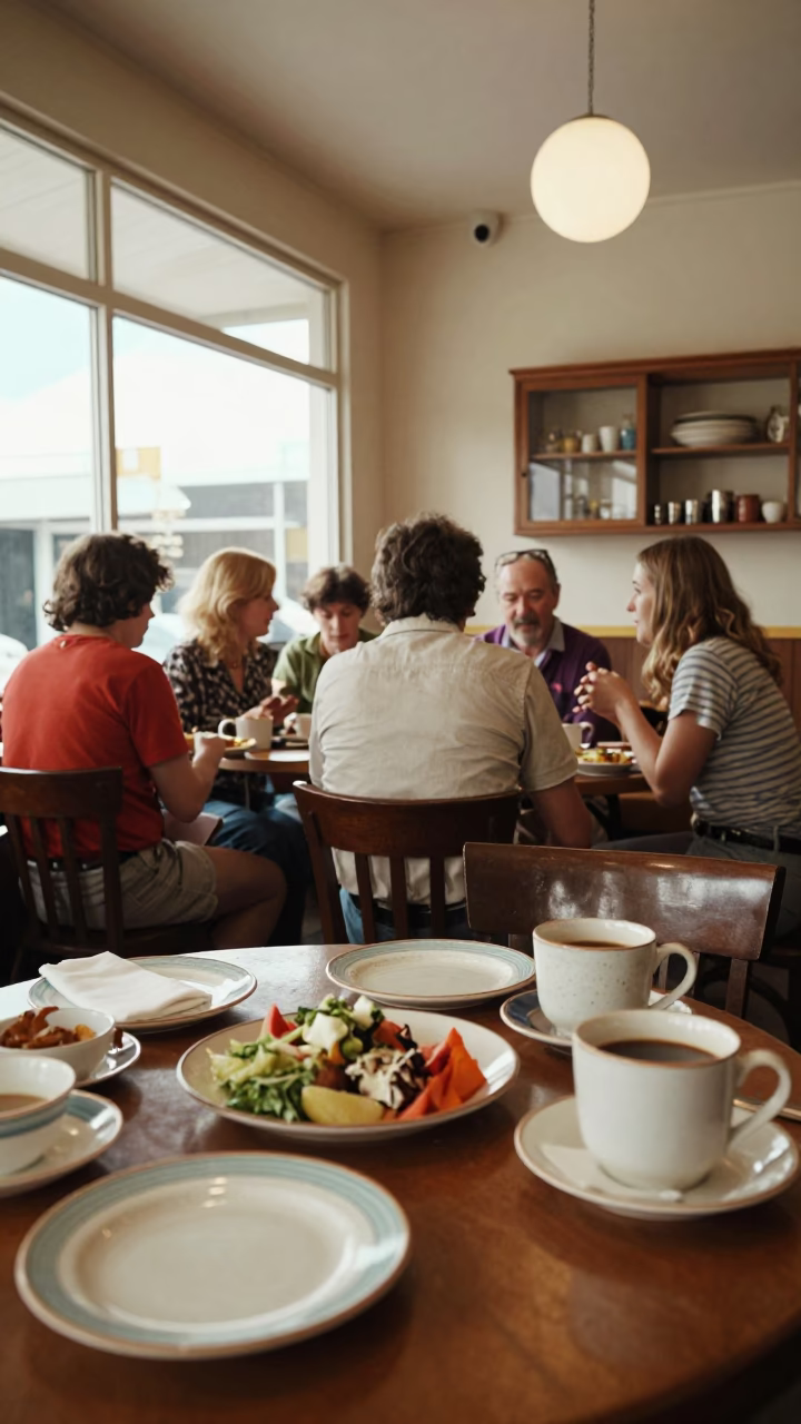 Vintage 1970s Christchurch Cafe Interior with Retro Ceramics and Casual Diners in in Christchurch, New Zealand