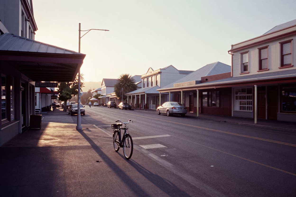 Vintage 1970s Christchurch Dawn Street Scene with Bicycle and Bakery in in Christchurch, New Zealand