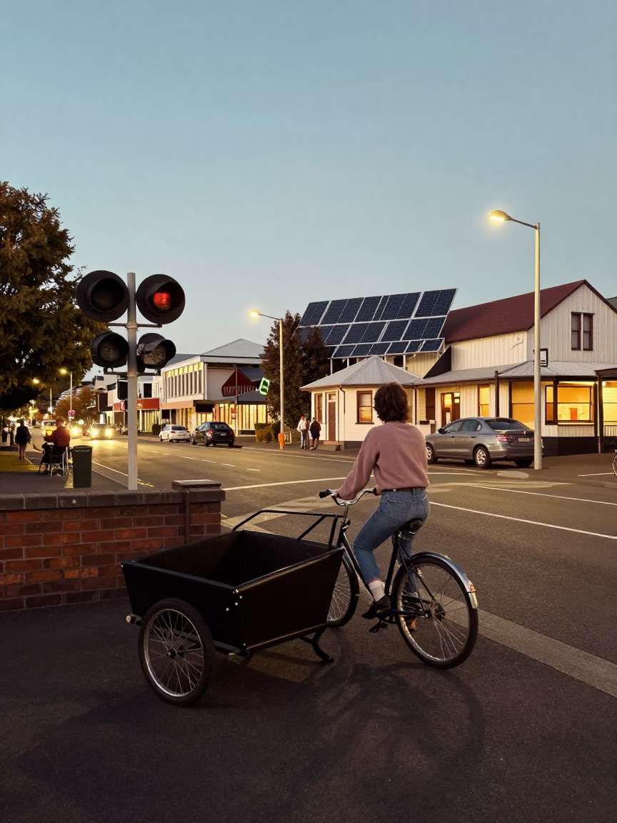Vintage 1970s Christchurch Evening Street Scene with Solar Array and Cargo Bicycle in in Christchurch, New Zealand