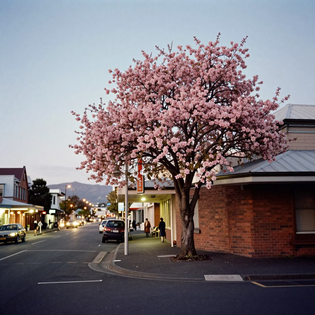 Vintage 1970s Christchurch Street Scene at Dusk with Dogwood and Pin Tin in in Christchurch, New Zealand
