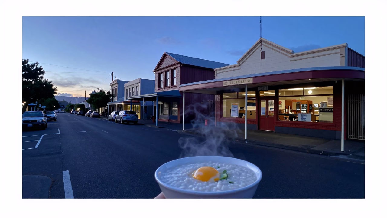 Vintage 1970s Christchurch Street Scene Before Dawn with Art Deco Hotel and Morning Coffee in in Christchurch, New Zealand