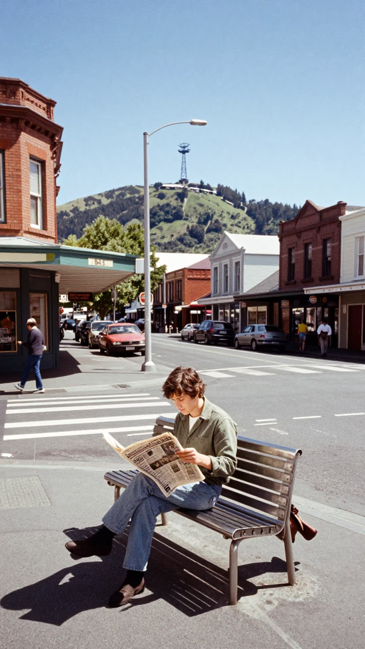 Vintage 1970s Christchurch Street Scene with Brushed Steel Bench and Tramway in in Christchurch, New Zealand