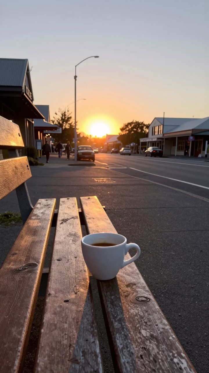 Vintage 1970s Christchurch Street Scene with Coffee Cup and Urban Sunset in in Christchurch, New Zealand