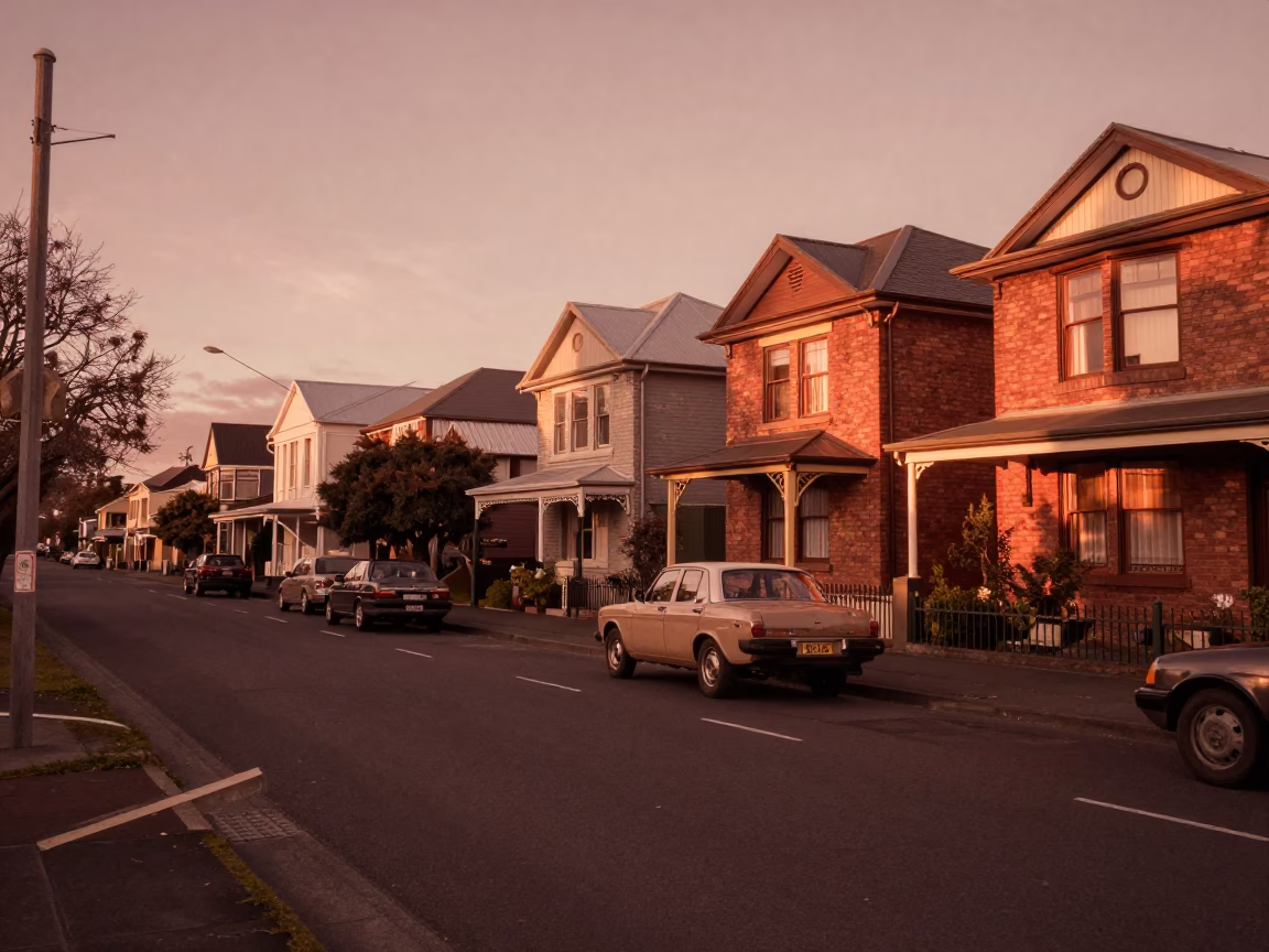 Vintage 1970s Christchurch Street Scene with Copper Dusk Light and Local Life in in Christchurch, New Zealand
