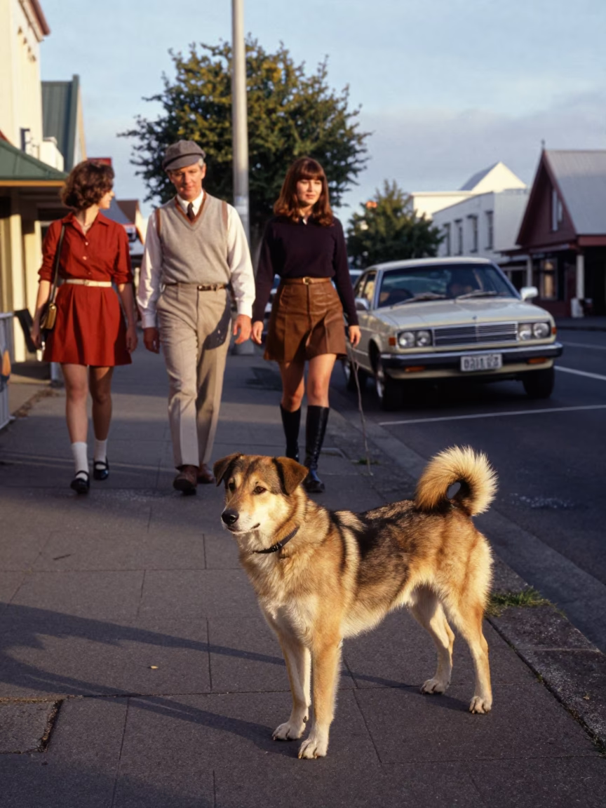 Vintage 1970s Christchurch Street Scene with Drentsche Patrijshond and Laundry Pins in in Christchurch, New Zealand