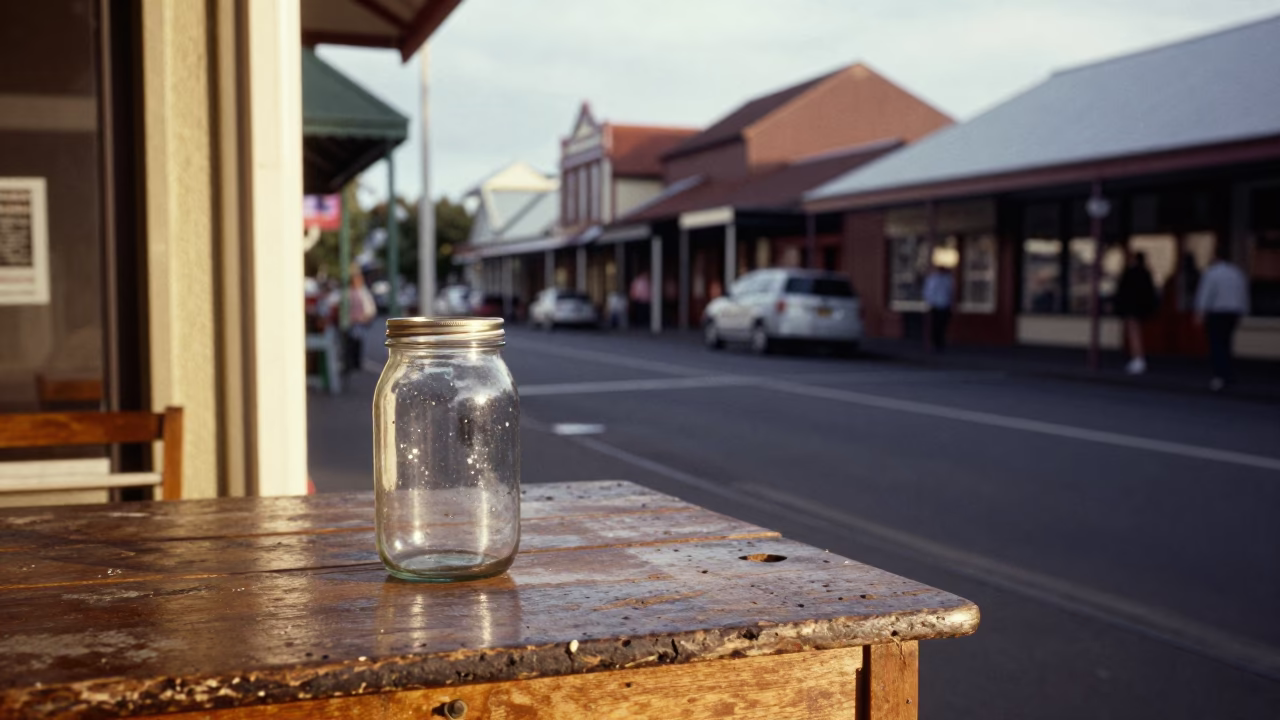 Vintage 1970s Christchurch Street Scene with Glass Jar on Wooden Table in in Christchurch, New Zealand