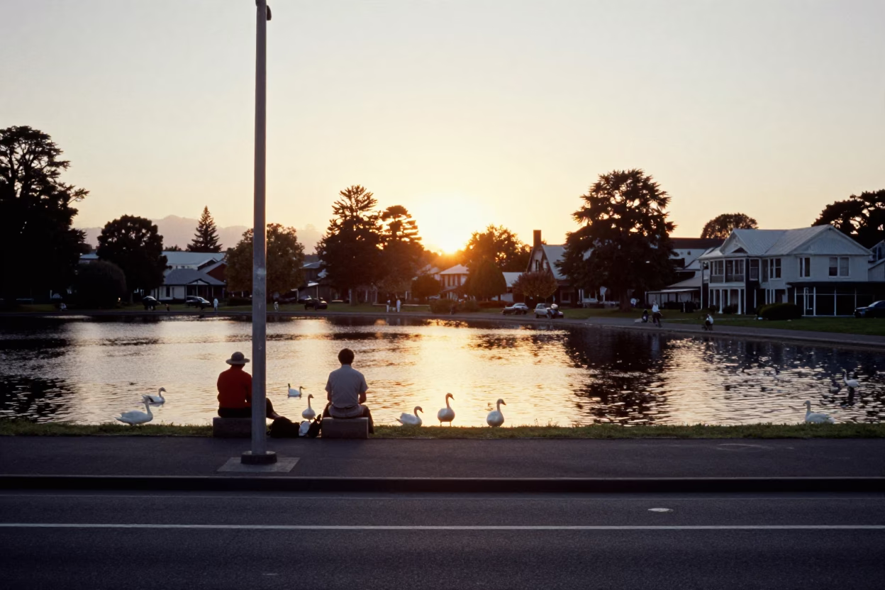 Vintage 1970s Christchurch Street Scene with Swans on Lake at Sunset in in Christchurch, New Zealand
