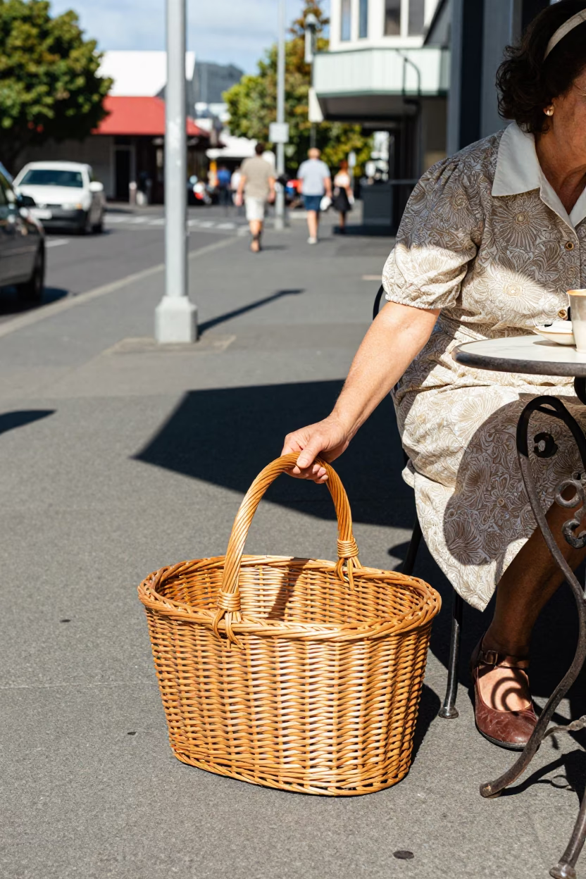 Vintage 1970s Christchurch Street Scene with Wicker Basket and Tea Stains in in Christchurch, New Zealand