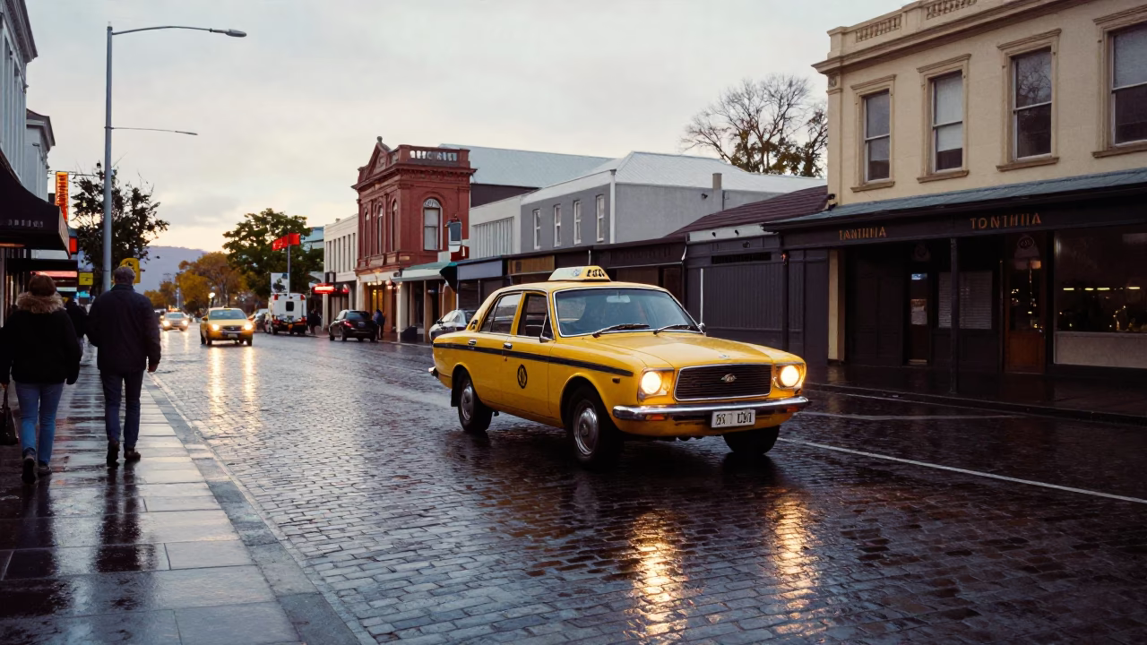 Vintage 1970s Christchurch Street Scene with Yellow Taxi and Rain in in Christchurch, New Zealand