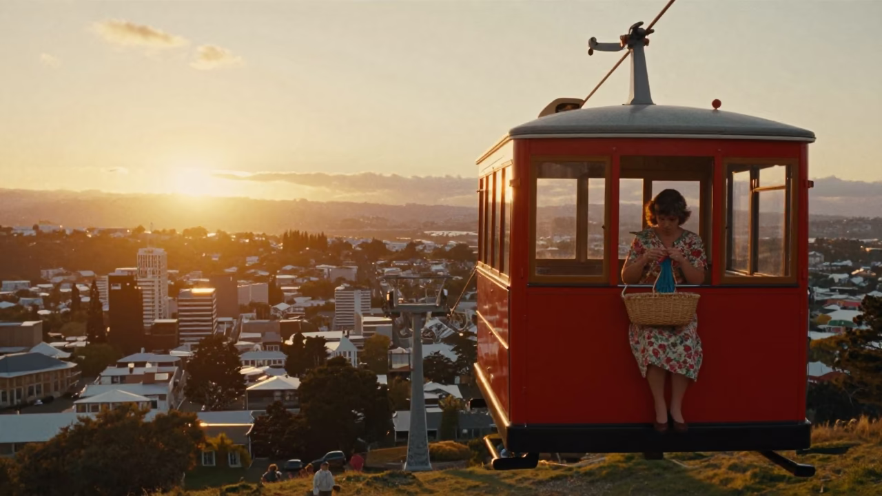 Vintage 1970s Christchurch Sunset Aerial Tramway View with Knitting Basket and Coffee Tin in in Christchurch, New Zealand